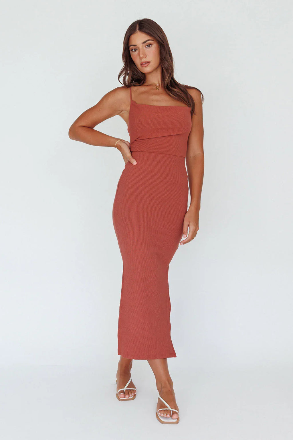 Frieda Cowl Neck Side Split Ribbed Midi Dress Rust