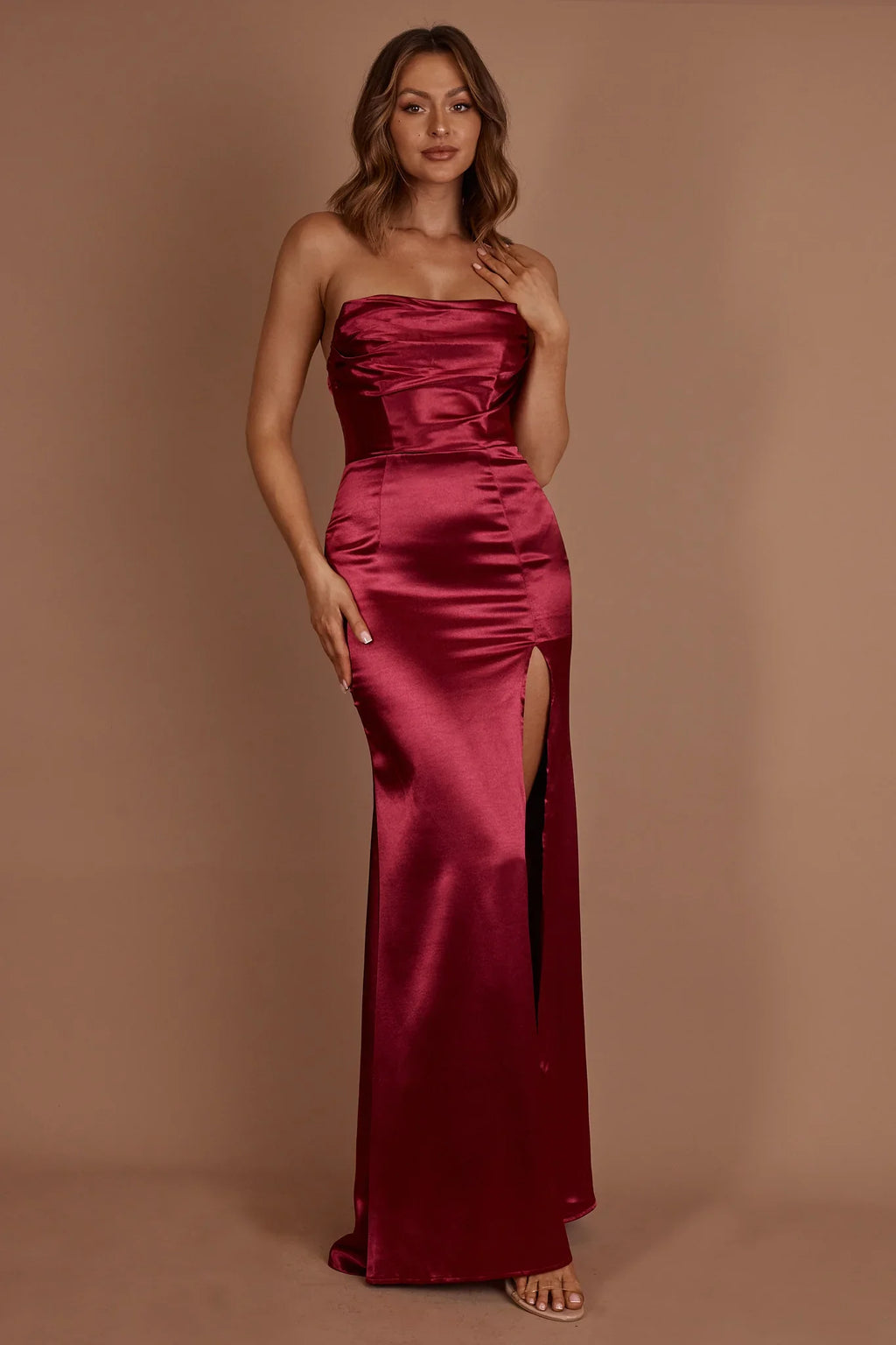 Kalisa Strapless Thigh Split Maxi Dress Burgundy
