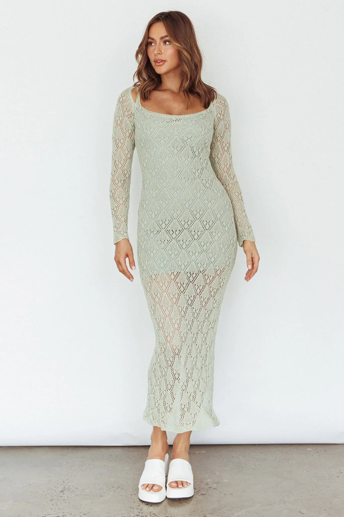 Happy Place Long Sleeve Crochet Midi Dress Sage