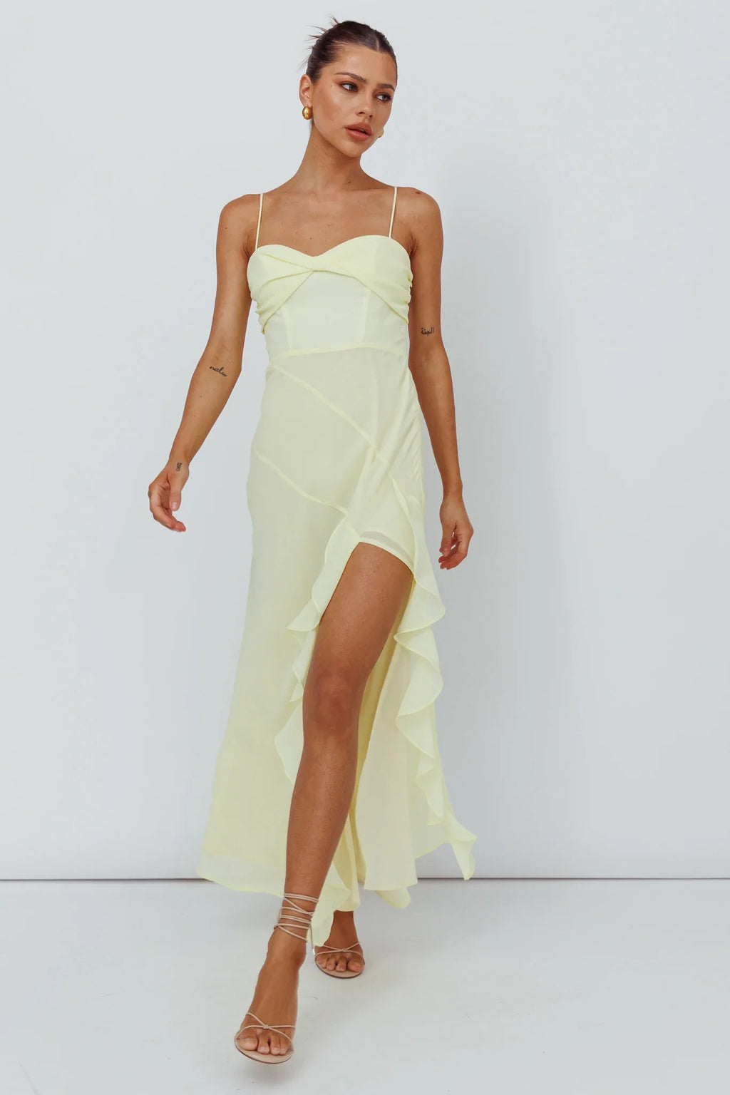 Jayna Ruffle Trim Split Dress Yellow