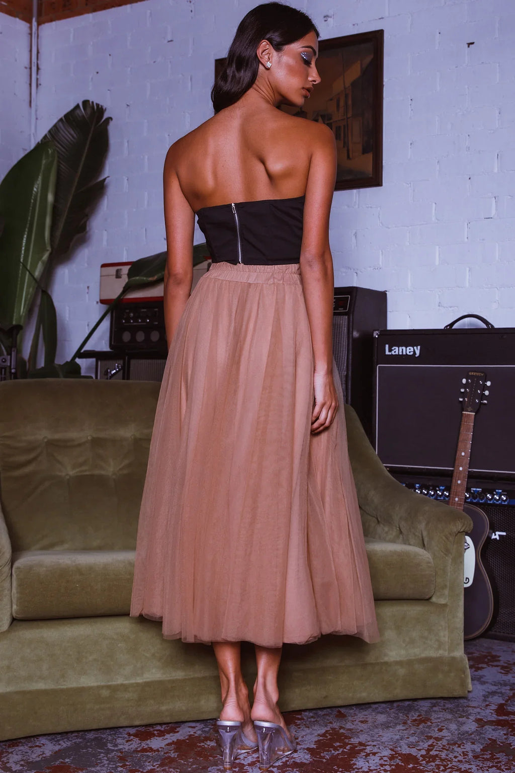 Jasmine Organza Mesh Elasticated Waist Midi Skirt Brown