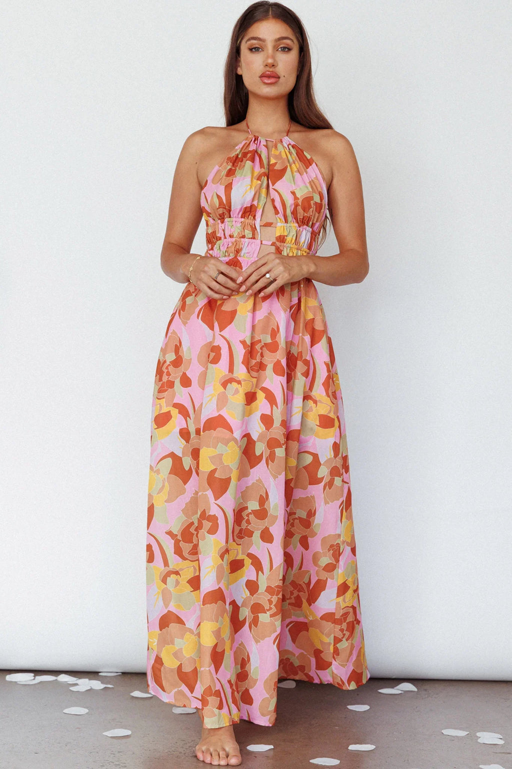 Cyndi Open Back Halterneck Maxi Dress Pink Multi