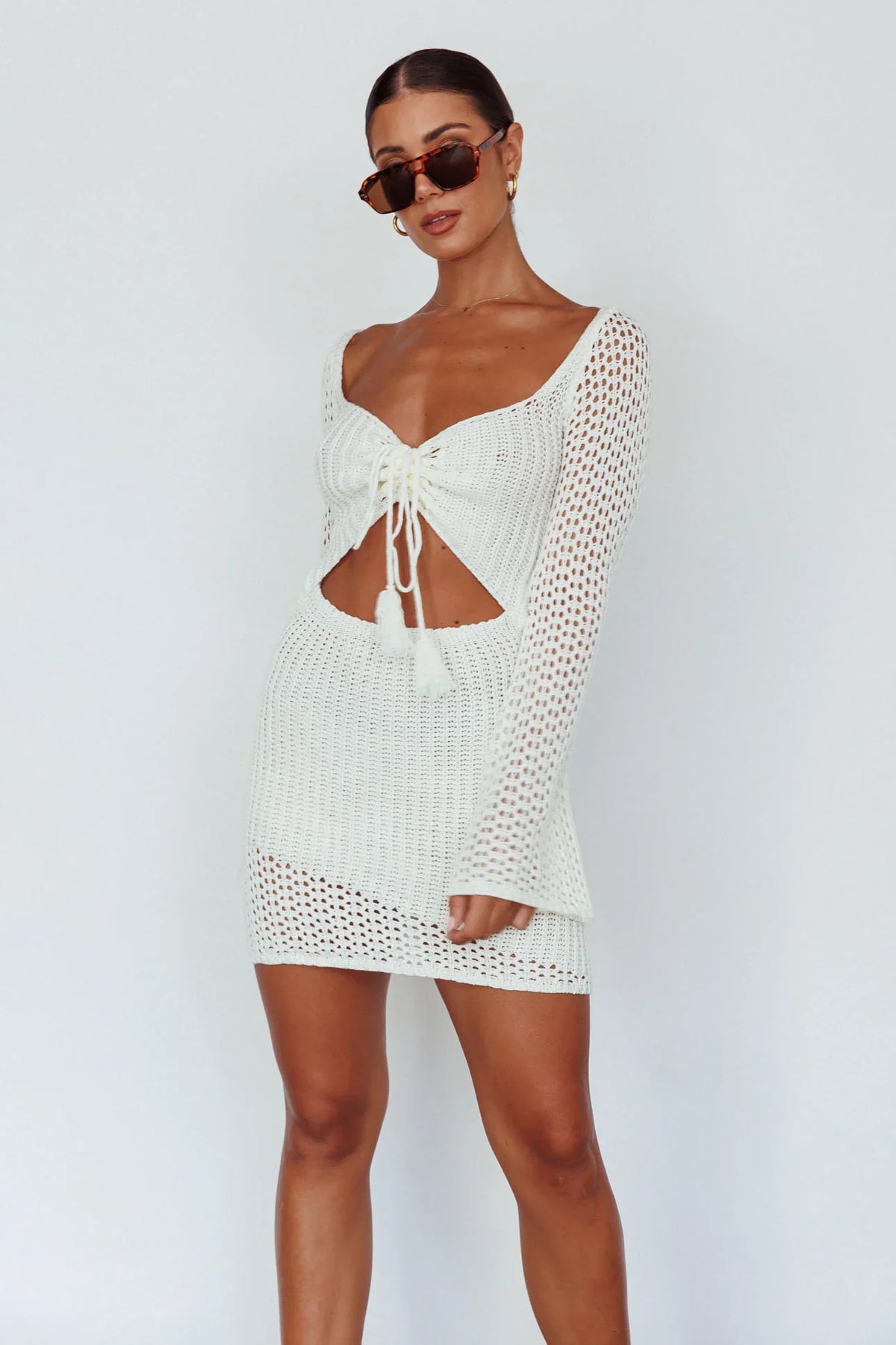 Jamaica Bell Sleeve Crochet Mini Dress White