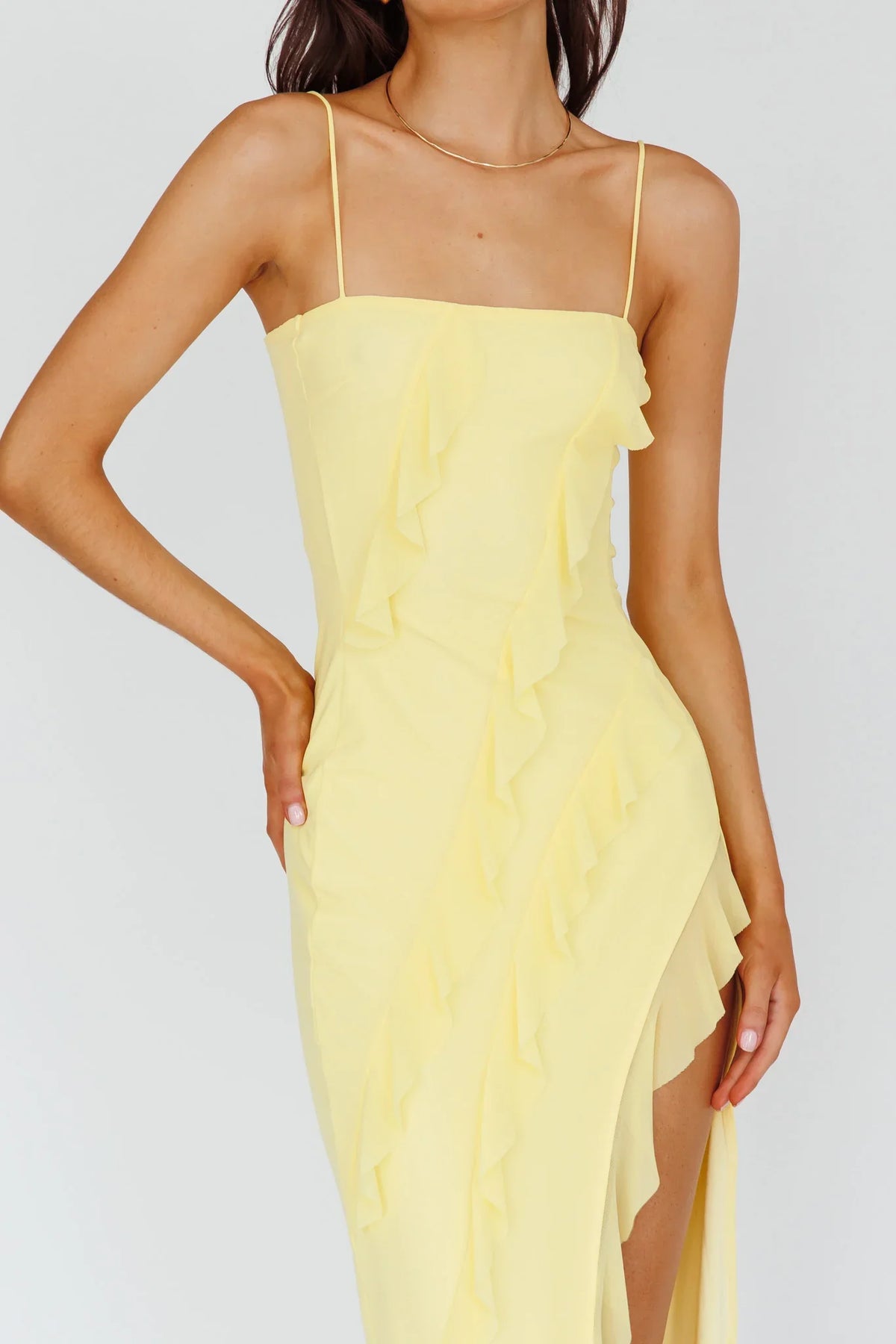 Catriona Split Ruffle Midi Dress Lemon