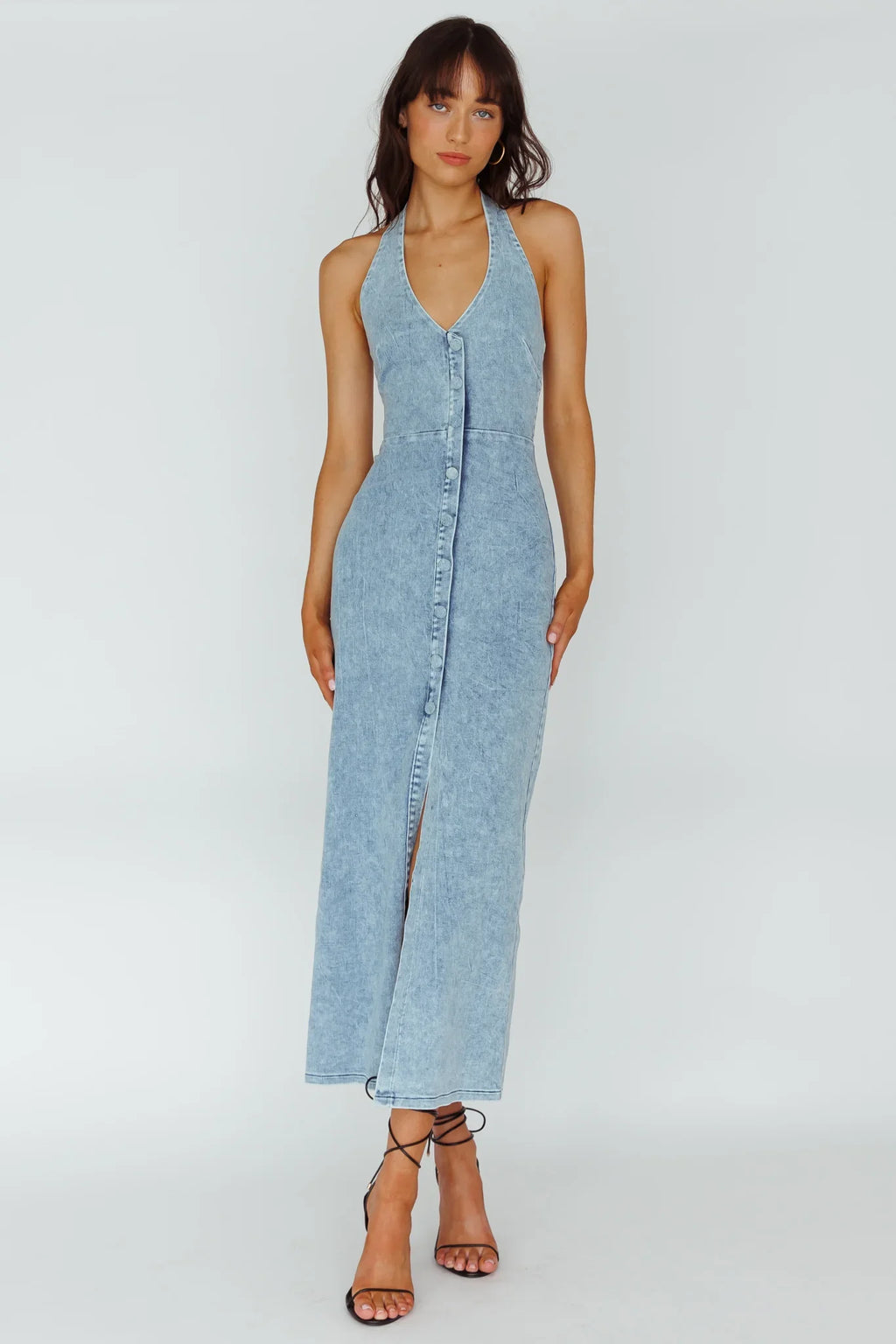 Renita Halterneck Button Maxi Dress Denim Blue