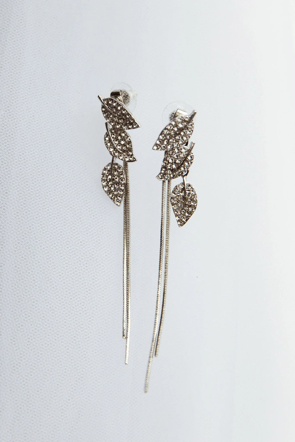 Zircon Leaves Tassel Drop Earrings Silver