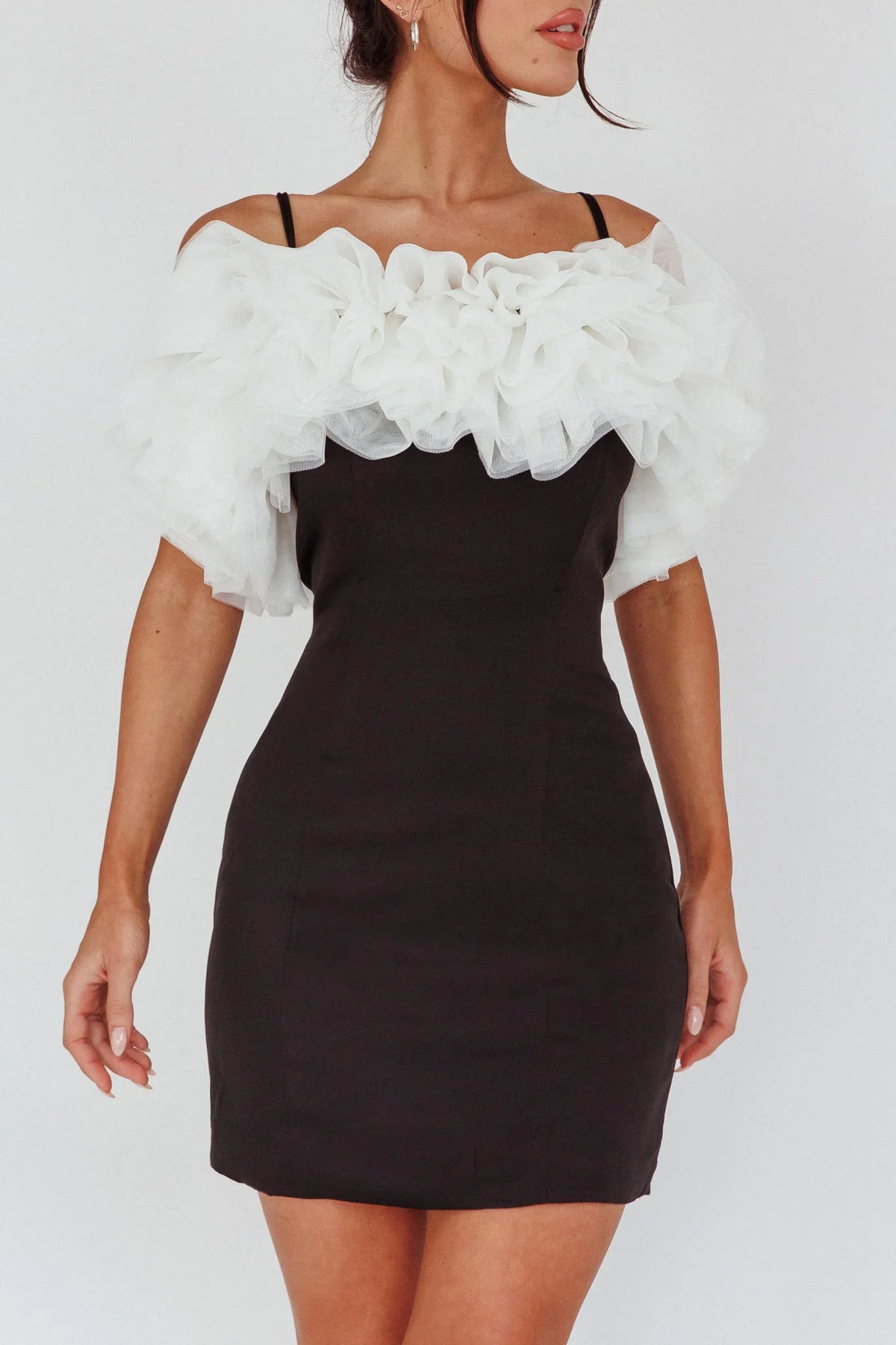 Prima Tulle Neckline Mini Dress Black/White