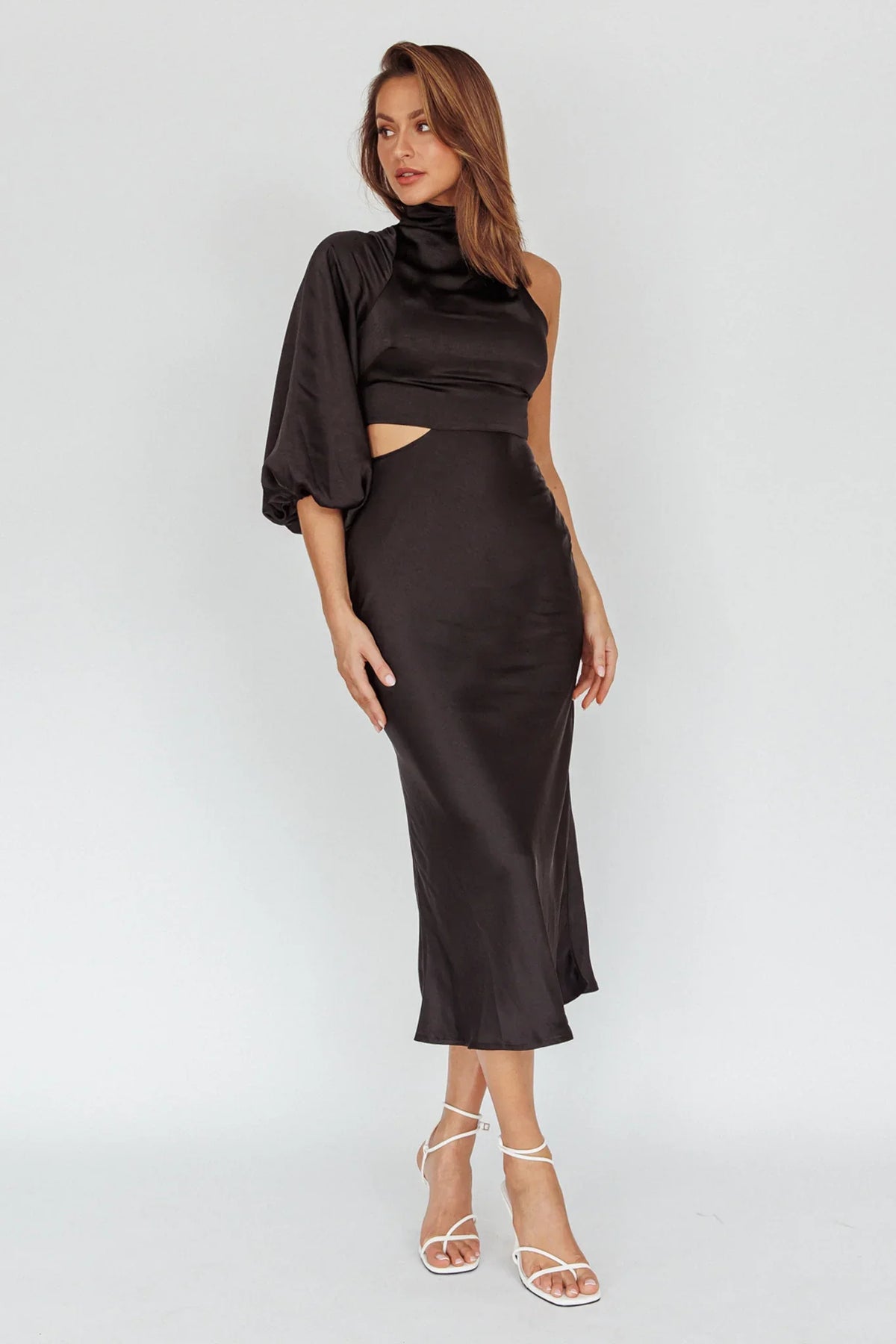 Thessaly One Sleeve Midi Dress Black