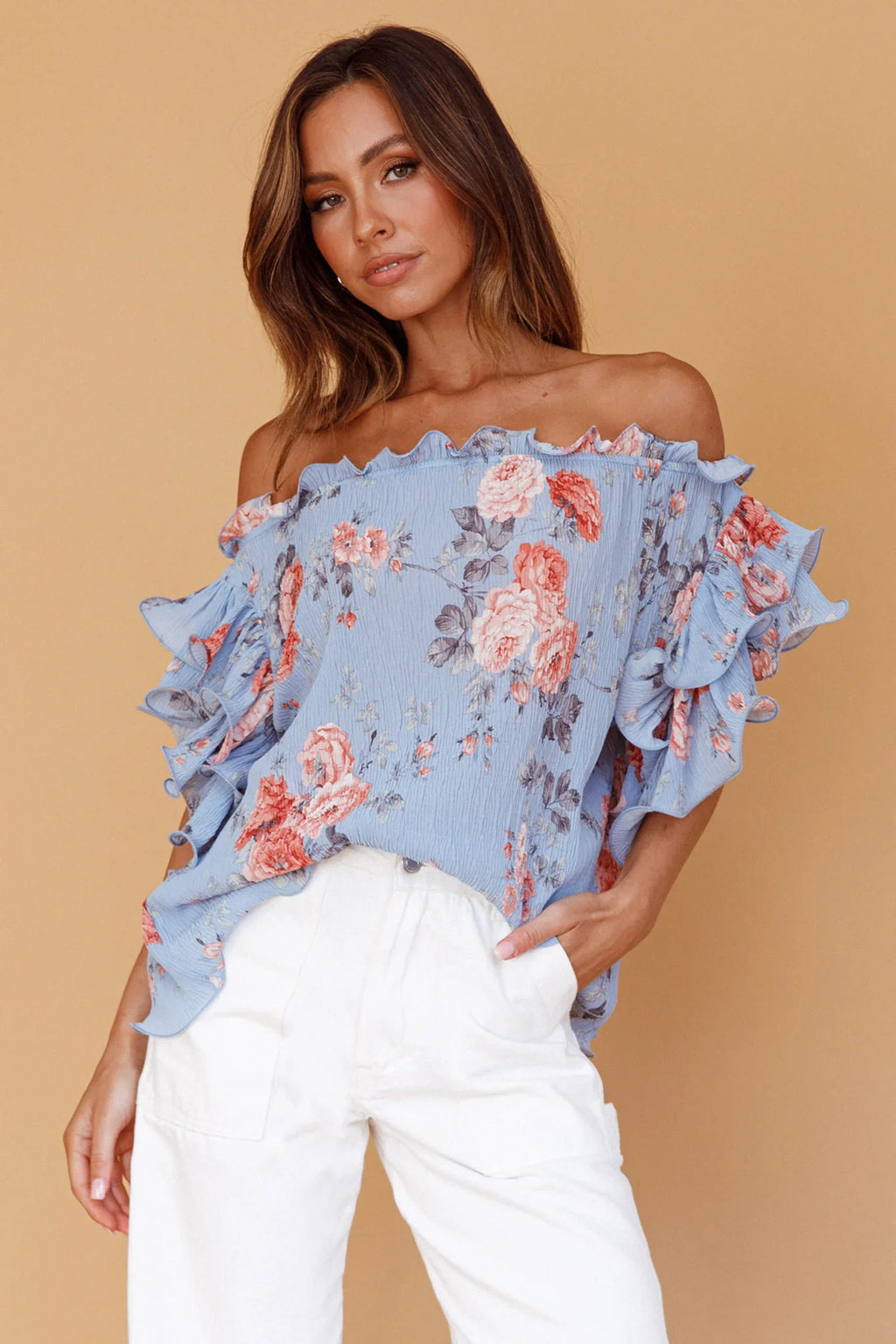 Miranda Off-Shoulder Ruffle Sleeve Top Floral Print Blue