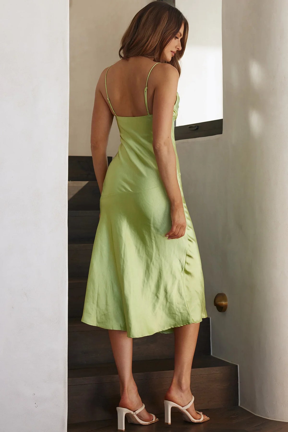 Well Versed Pleated Bust Front Split Dress Lime