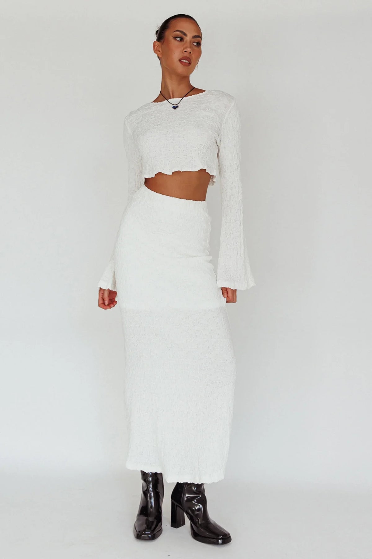 Treasures Textured Midi Skirt White