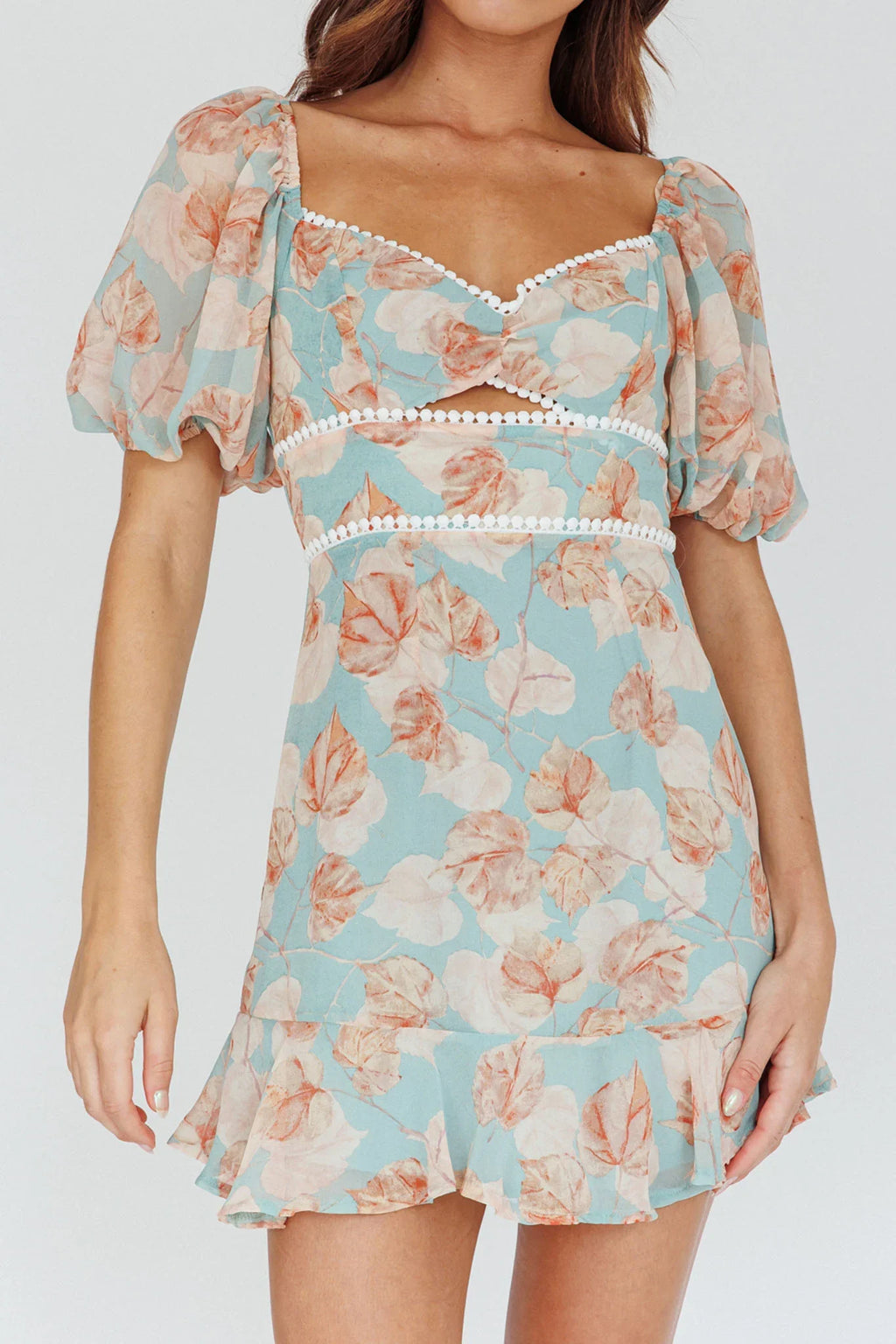 Catch Feelings Sweetheart Puff Sleeve Mini Dress Leaves Blue