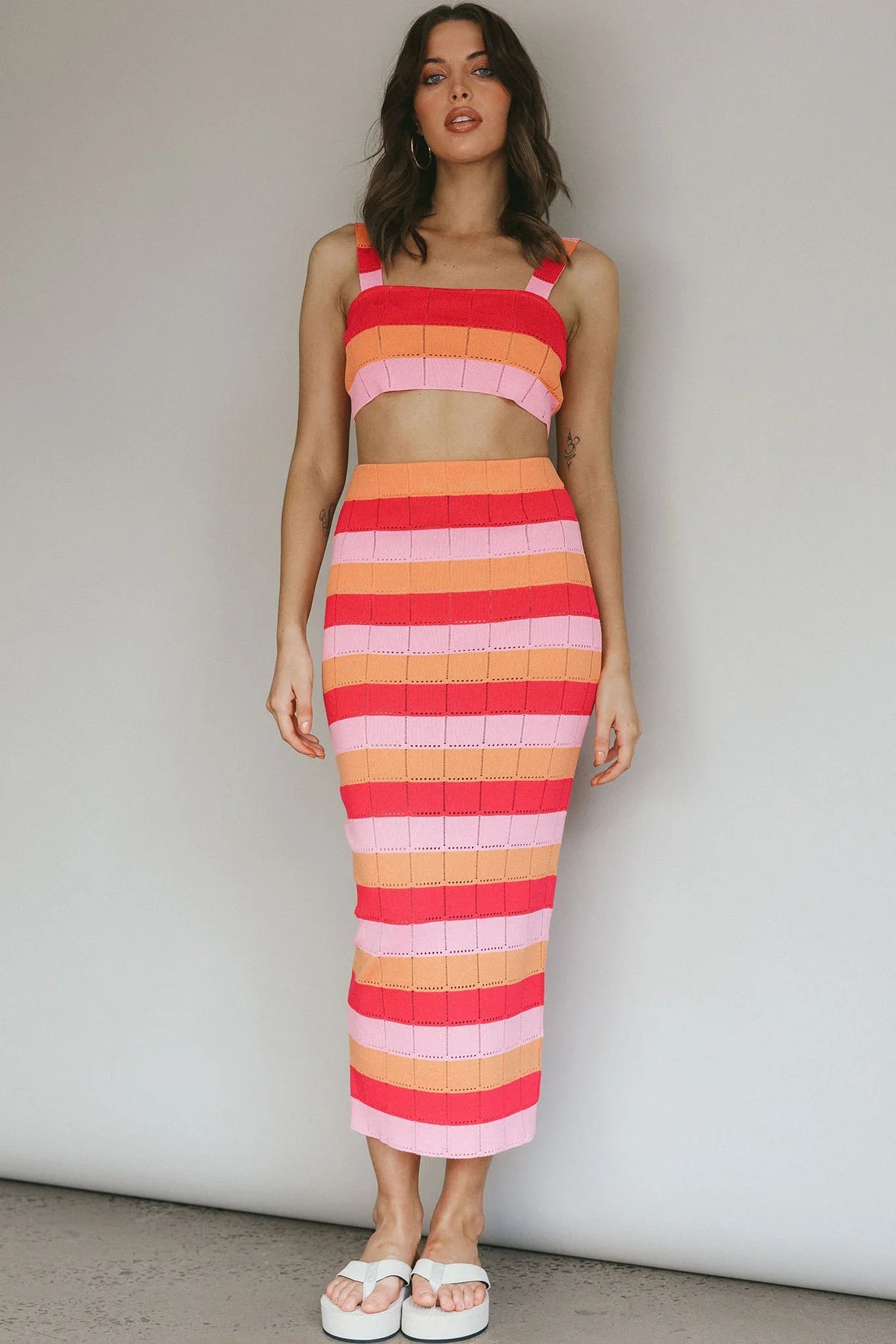 Chase The Sunrise Knit Maxi Skirt Striped Pink